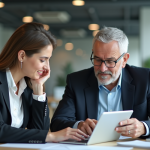Jeune femme et homme d'affaires discutant sur une tablette dans un bureau moderne