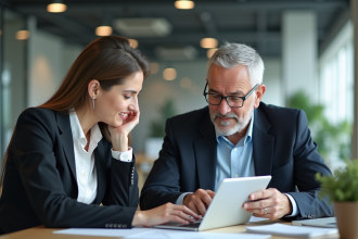 Jeune femme et homme d'affaires discutant sur une tablette dans un bureau moderne