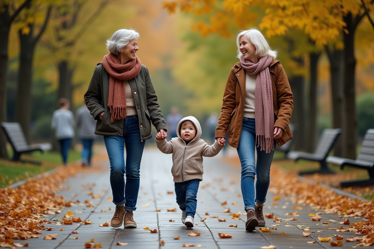 Famille marchant dans un parc en automne