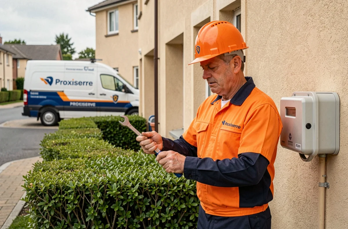 Technicien Proxiserve Bron intervenant sur un compteur d'eau extérieur d'une résidence de banlieue