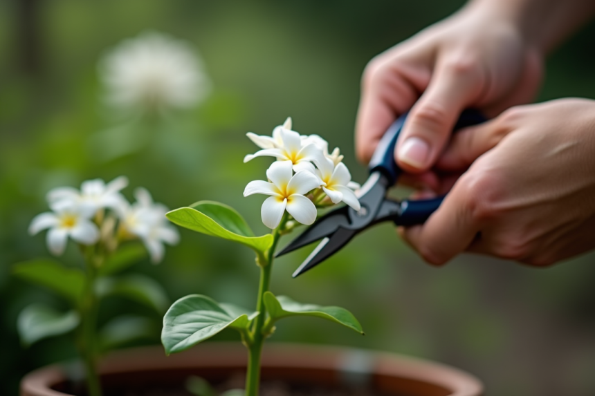 Gros plan sur des mains avec ciseaux pour propager un rameau de jasmin