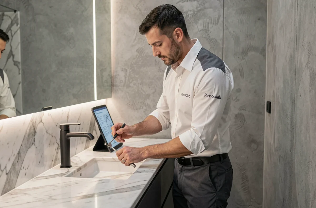 Technicien Renoolab Lyon installant un robinet design sur un plan vasque en marbre dans un appartement de luxe