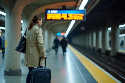 Femme avec valise sur le quai du RER B en Île-de-France consultant le tableau des départs vers Roissy CDG