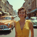 Scène de rue animée des années 50 avec mode vintage