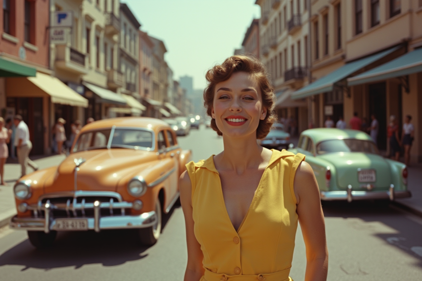 Scène de rue animée des années 50 avec mode vintage