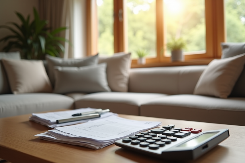 Salon cosy d'une maison de vacances avec factures et calculatrice