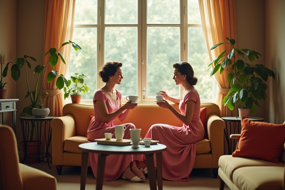 Intérieur de salon vintage avec femmes élégantes buvant du thé