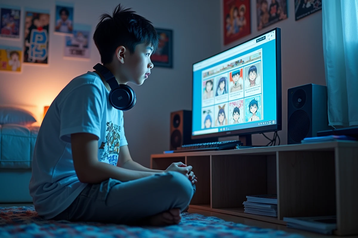 Adolescent assis sur le sol de sa chambre face à un écran affichant des images non chargées sur un site de scan manga