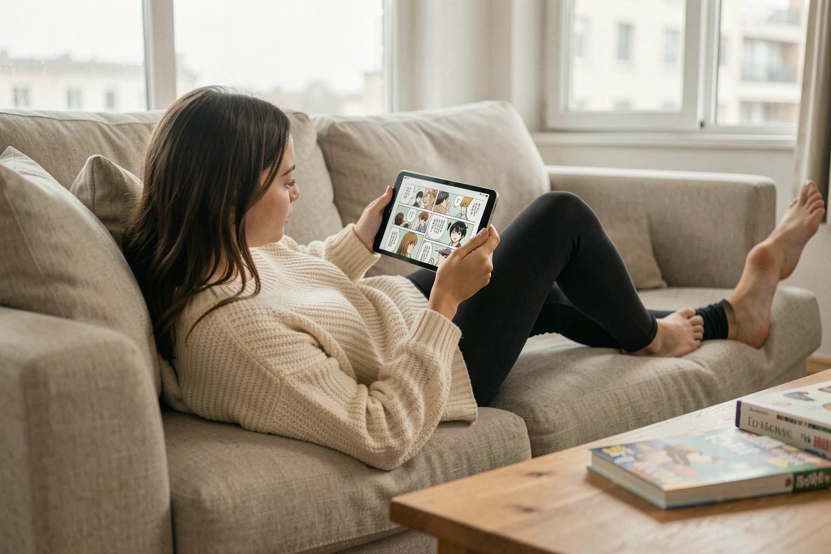 Jeune femme lisant des scans manga en VF sur une tablette allongée sur un canapé dans un appartement moderne