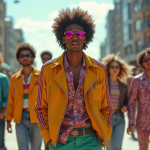 Scène de rue animée des années 80 en ville avec mode colorée