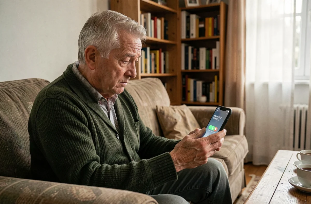 Senior assis dans son salon vérifiant une notification d'appel manqué provenant d'un numéro régional français inconnu