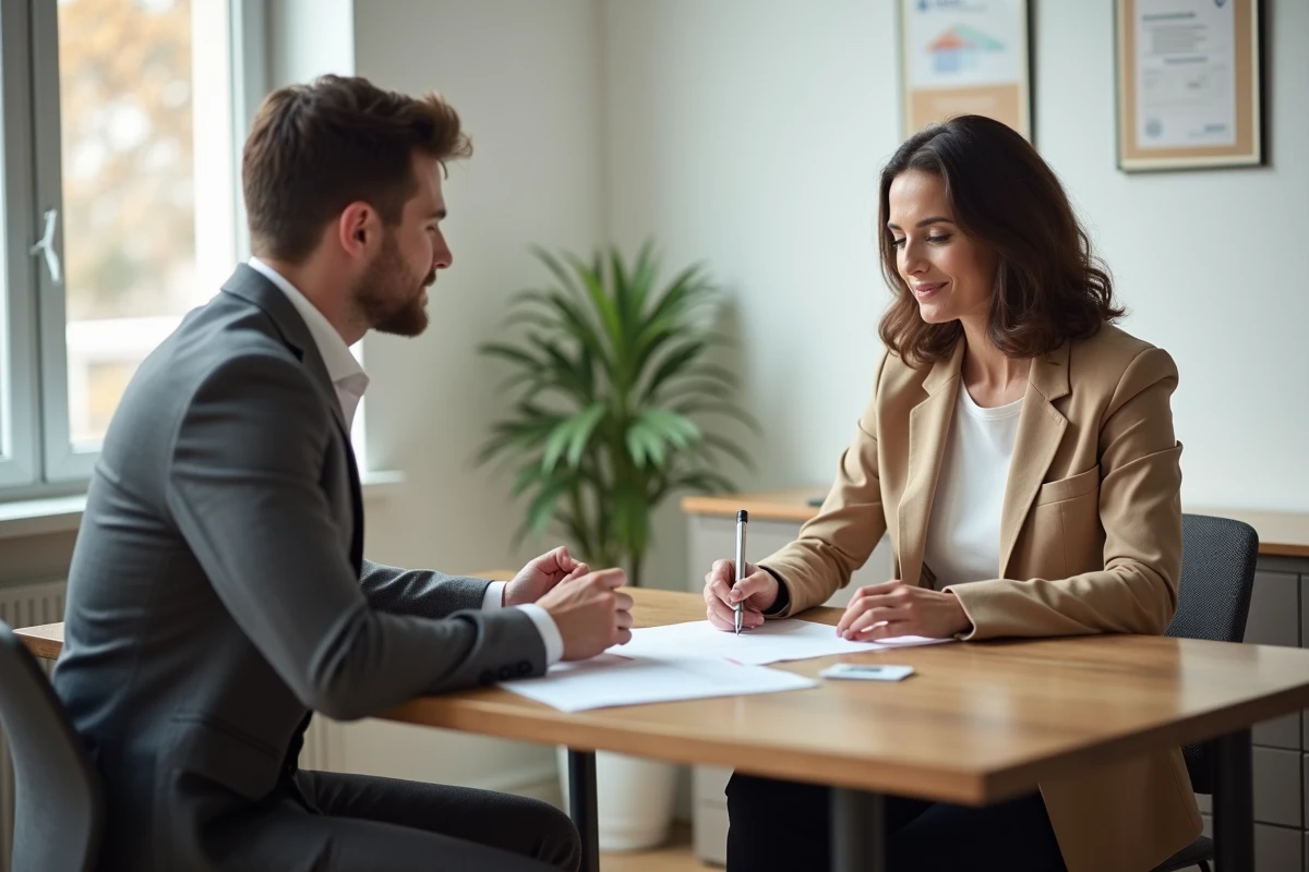 Conseillère en assurance et artisan du bâtiment signant un contrat d'assurance décennale dans un bureau à Bordeaux