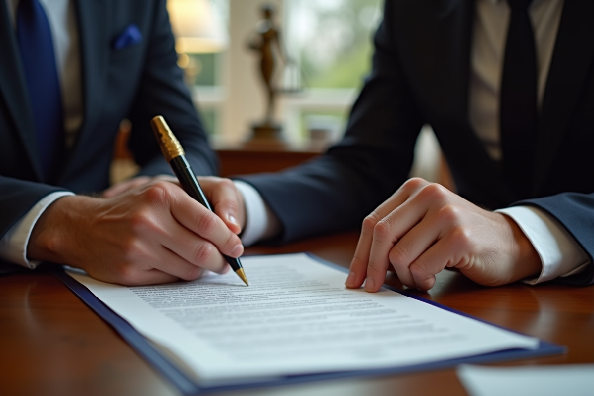 Signature d un contrat officiel dans un bureau de notaire en France