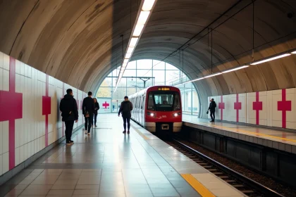 Station de métro de Toulouse avec un train VAL automatique arrivant en quai et des voyageurs sur le bord du quai