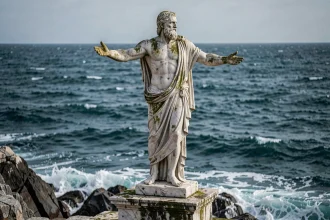 Statue en marbre antique de Poséidon dieu grec de la mer sur une falaise méditerranéenne rocheuse