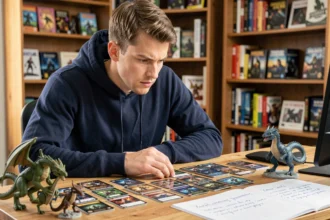 Joueur adulte analysant ses cartes stratégiques avec des figurines de dragon sur un bureau en bois pour préparer un combat tactique