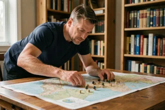 Homme adulte concentré analysant une carte topographique militaire avec des pièces tactiques sur une table en bois