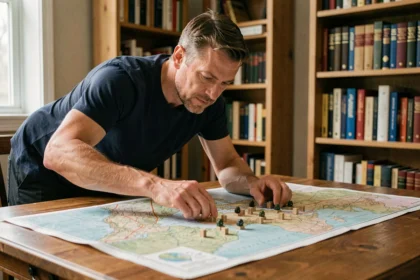 Homme adulte concentré analysant une carte topographique militaire avec des pièces tactiques sur une table en bois
