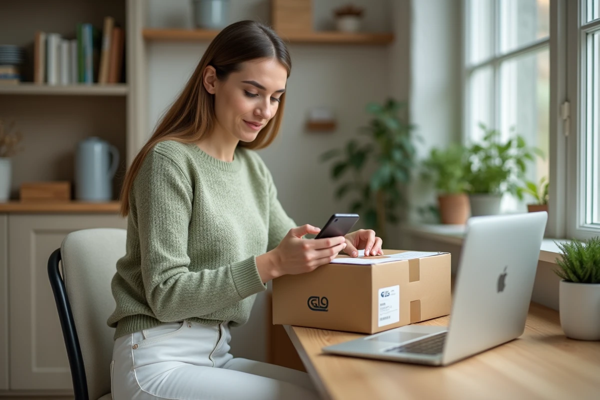 Femme gérant le suivi de colis GLS sur application mobile depuis son bureau à domicile