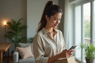 Femme consultant le suivi de son colis GLS sur smartphone depuis chez elle