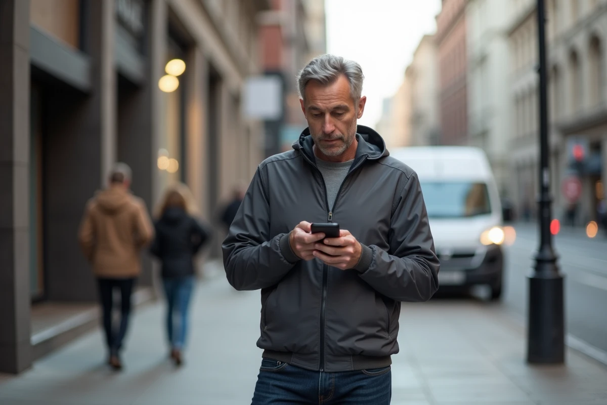 Homme vérifiant le suivi de livraison GLS sur mobile en pleine ville