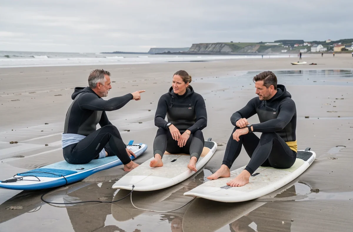 Groupe de surfeurs consultant une montre de marée à marée basse sur la plage d'Anglet