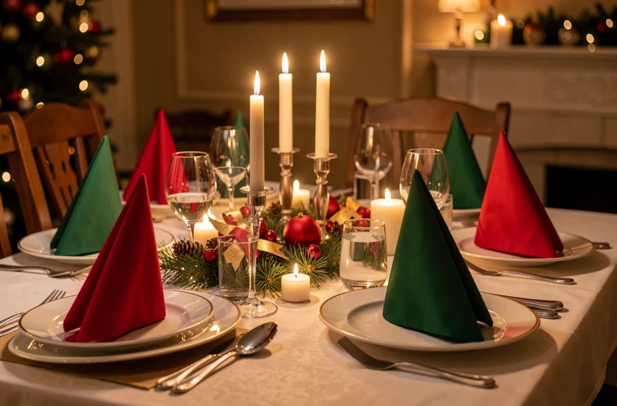 Table de fête dressée avec des serviettes en cône et en sapin