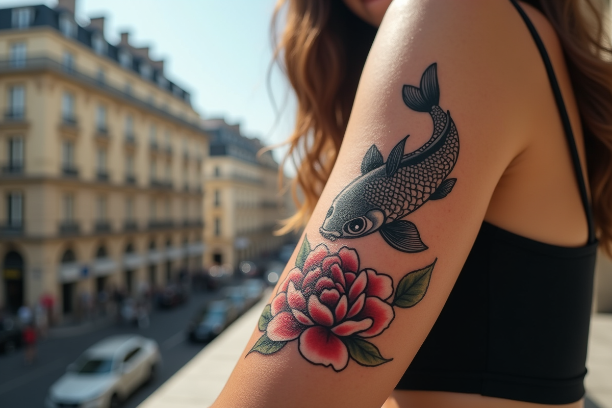 Tatouage de koi et pivoine sur avant-bras avec architecture parisienne