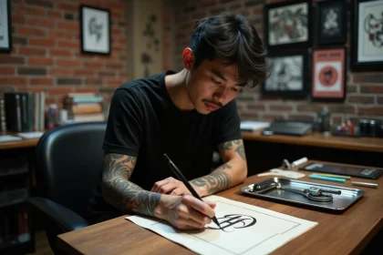 Tatoueur dessinant le kanji Gaara de Naruto sur du papier dans un studio de tatouage authentique
