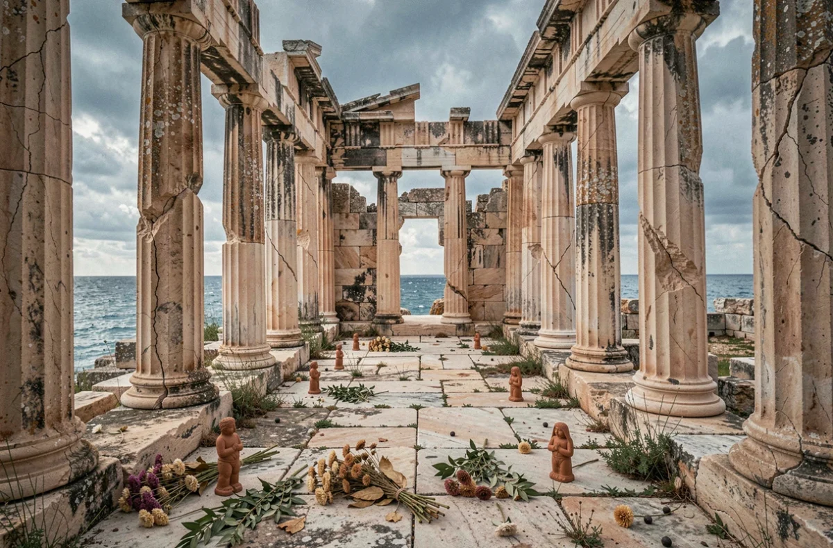 Ruines d'un temple grec antique au bord de la mer avec des offrandes votive en hommage à Poséidon