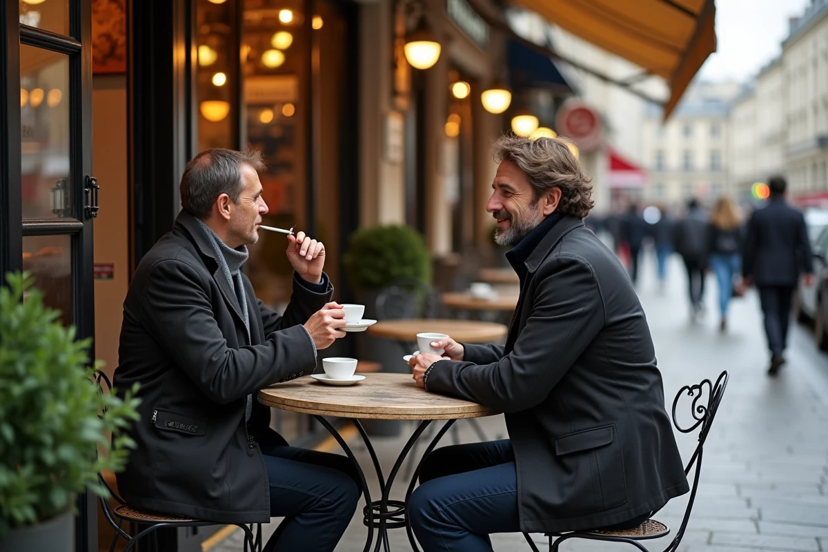 Terrasse de bistrot parisien près d'une civette avec deux amis fumant et buvant un café sur les chaises en métal d'un trottoir animé