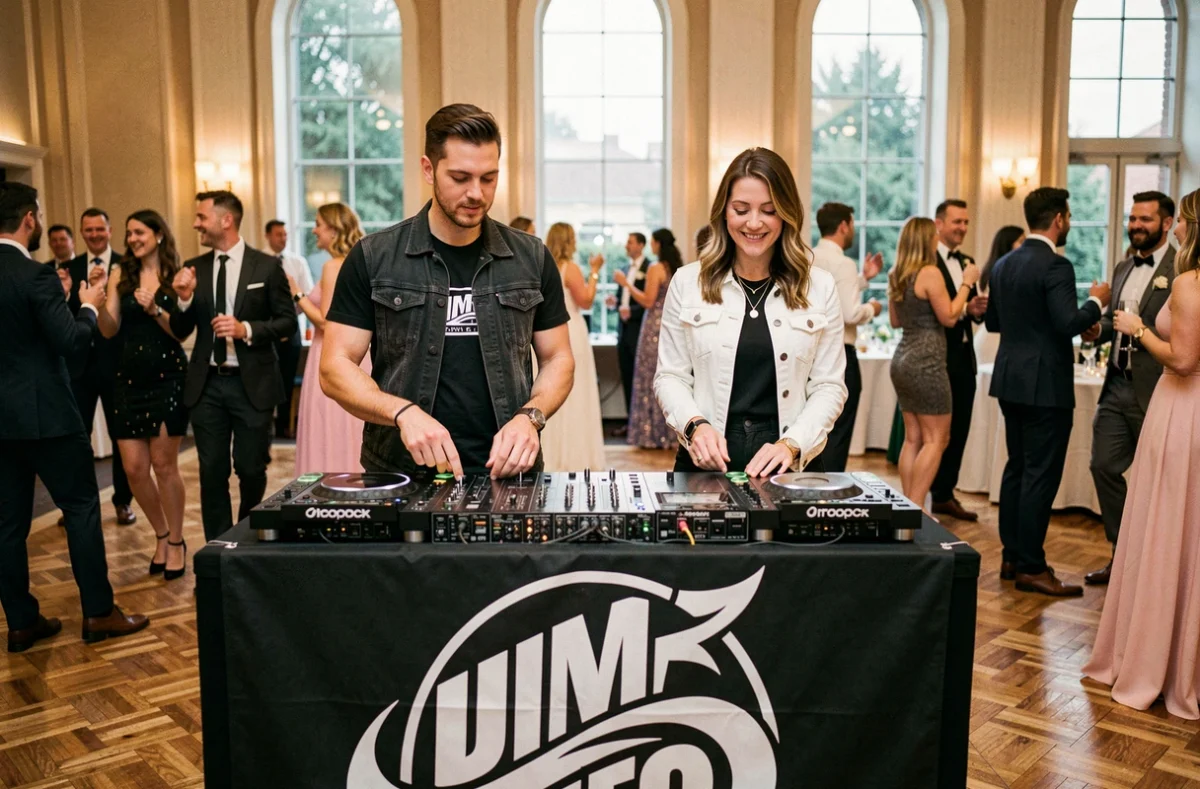 Le duo The Beefy Mix performant ensemble derrière une console DJ lors d'une réception animée en Gironde