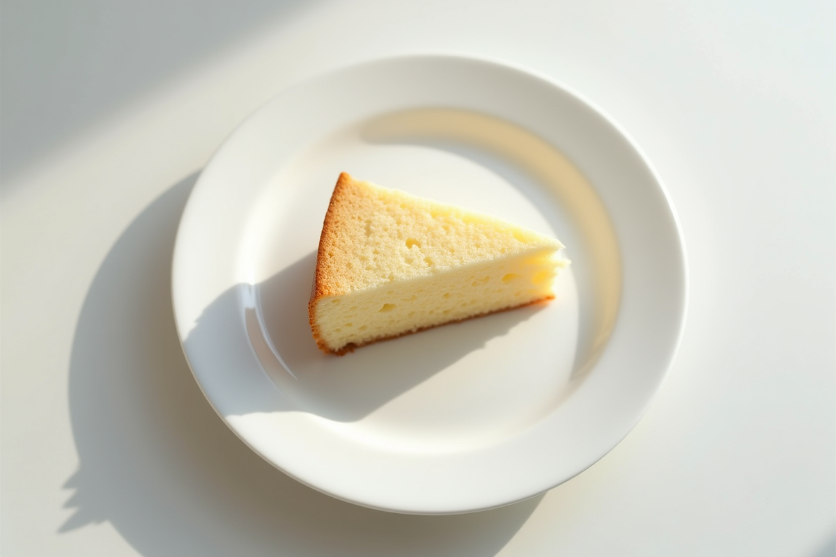 Tranche de gâteau éponge sur assiette blanche lumineuse
