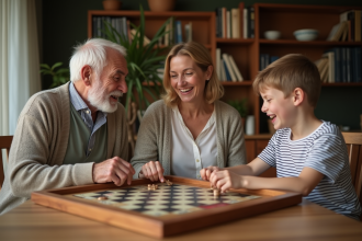 Famille intergénérationnelle jouant à un jeu de société