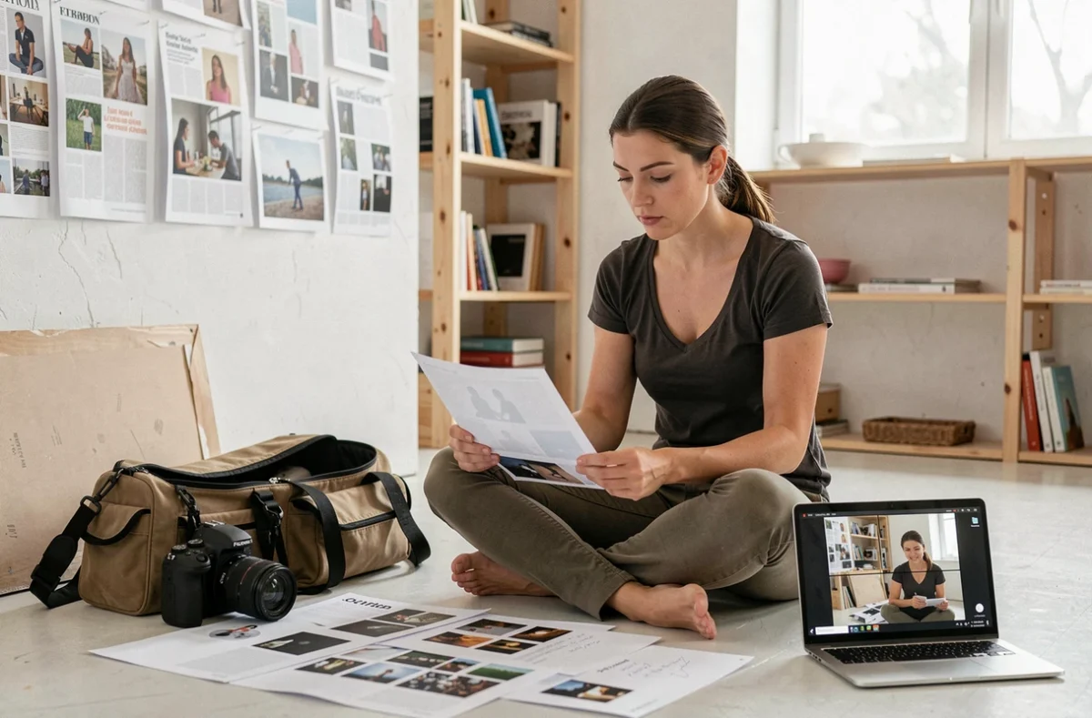 Vidéaste à approche éditoriale préparant un projet avec story-boards dans un studio créatif