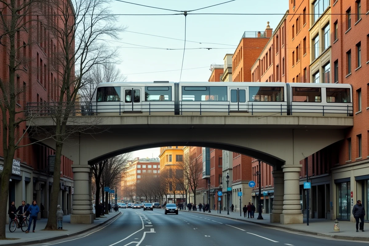 Viaduc du métro de Toulouse traversant un boulevard urbain avec des immeubles en brique rose en arrière-plan
