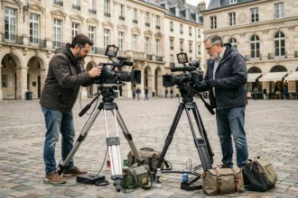 Équipe de vidéastes professionnels en tournage dans une ville de Nouvelle-Aquitaine