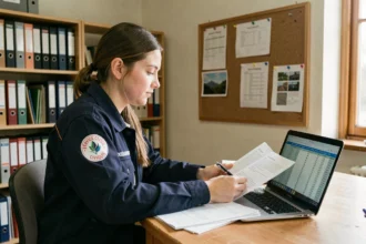 Jeune volontaire en Service Civique consultant ses documents de rémunération dans un bureau associatif