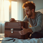 Voyageur frustré avec valise verrouillée dans une chambre d'hôtel