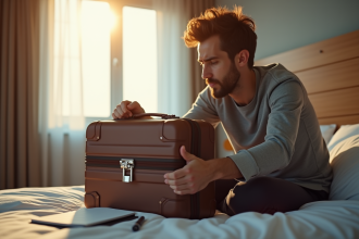 Voyageur frustré avec valise verrouillée dans une chambre d'hôtel