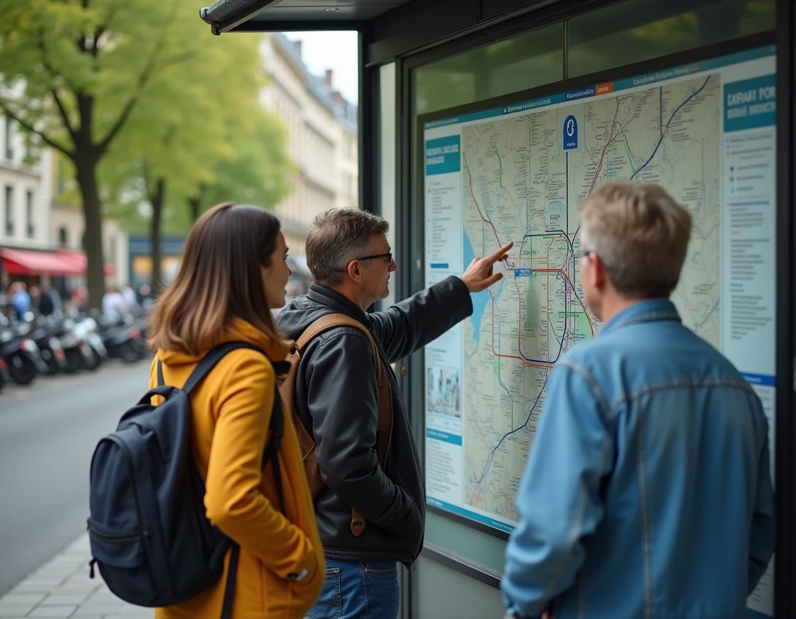 Groupe de voyageurs consultant un plan de transport RATP à un arrêt de bus dans un quartier parisien