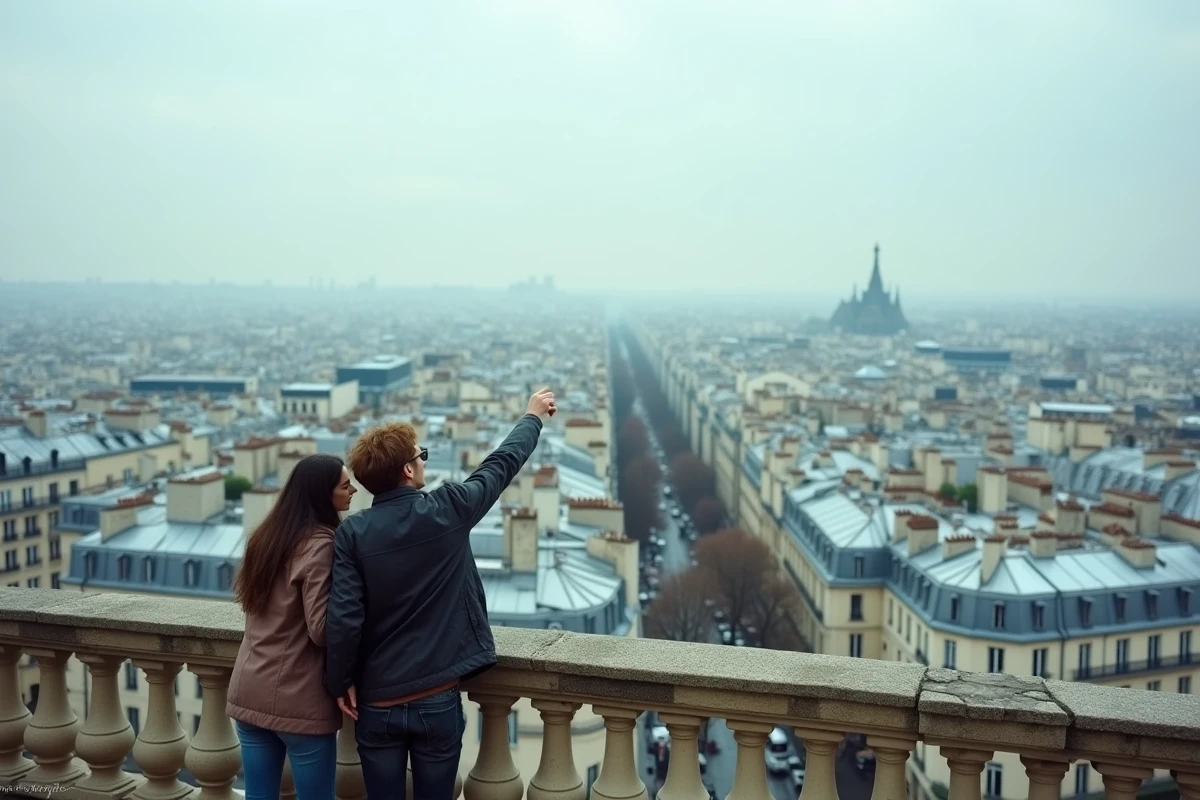 Vue panoramique sur les toits en zinc des arrondissements de Paris depuis la butte Montmartre avec couple observant la ville