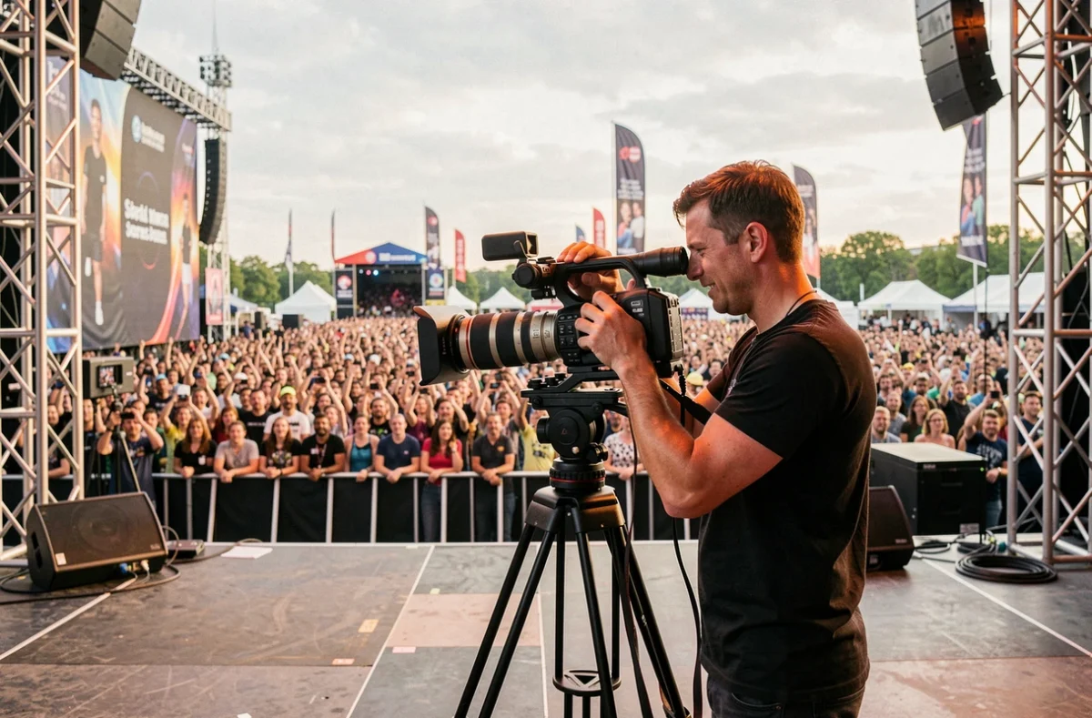 Vidéaste événementiel filmant un spectacle en plein air avec une foule en arrière-plan