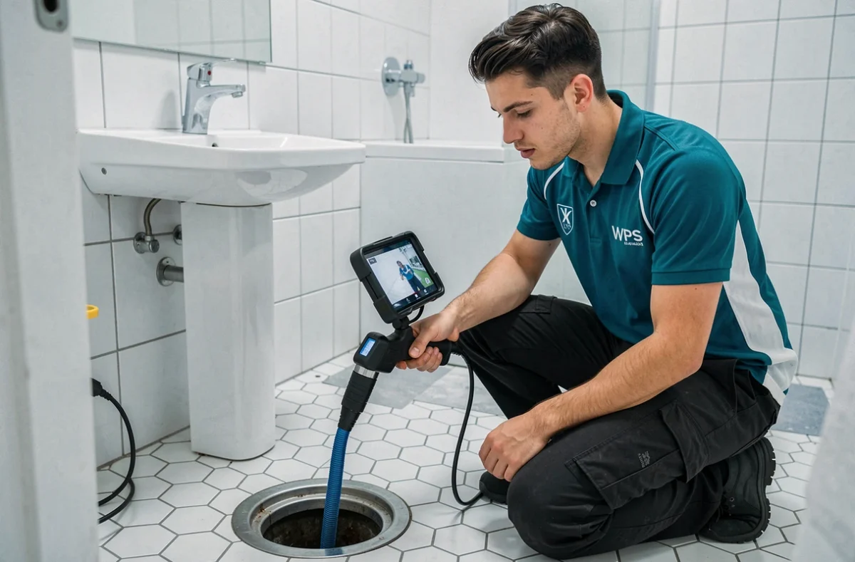 Technicien WPS Lyon utilisant une caméra d'inspection pour déboucher une canalisation dans une salle de bain
