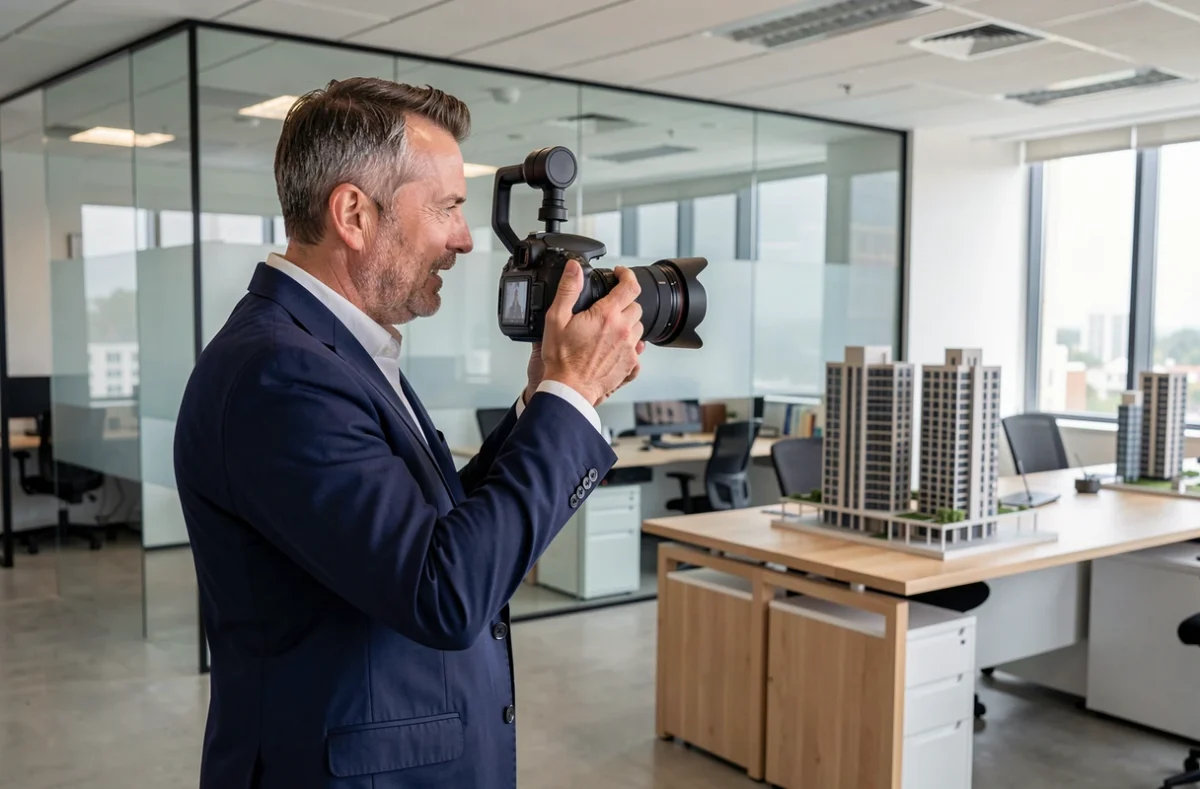 Vidéaste spécialisé corporate et immobilier filmant dans un bureau moderne